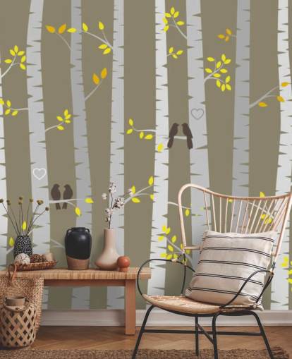 Decorazione murale con uccelli innamorati in una foresta Decorazione murale con uccelli innamorati in una foresta