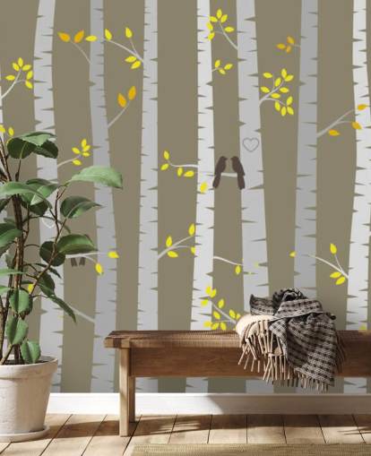 Decorazione murale con uccelli innamorati in una foresta