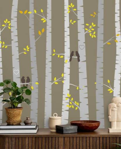 Decorazione murale con uccelli innamorati in una foresta Decorazione murale con uccelli innamorati in una foresta
