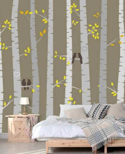 Decorazione murale con uccelli innamorati in una foresta