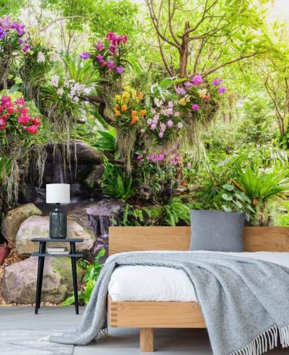 green custom waterfall wallpaper mural called Orchid Garden Waterfall for living rooms