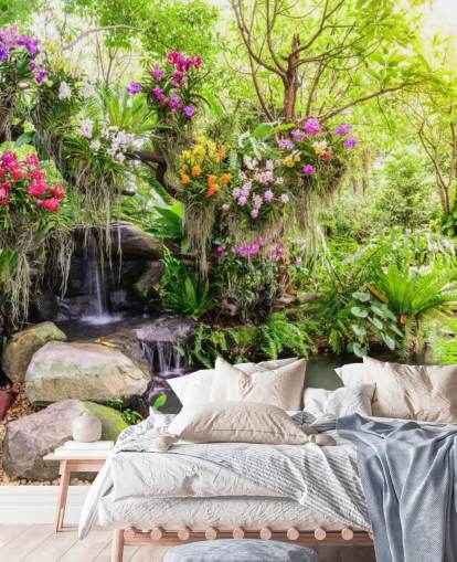 mural de papel de parede de cachoeira personalizado verde chamado Orchid Garden Waterfall para salas de estar