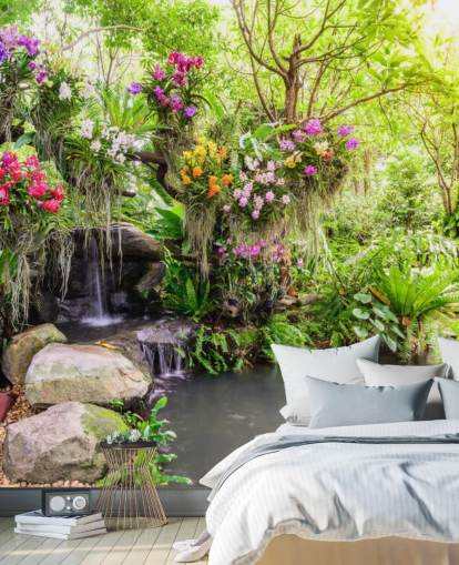 vihreä mukautettu vesiputous taustakuvamaalaus nimeltä Orchid Garden Waterfall olohuoneisiin