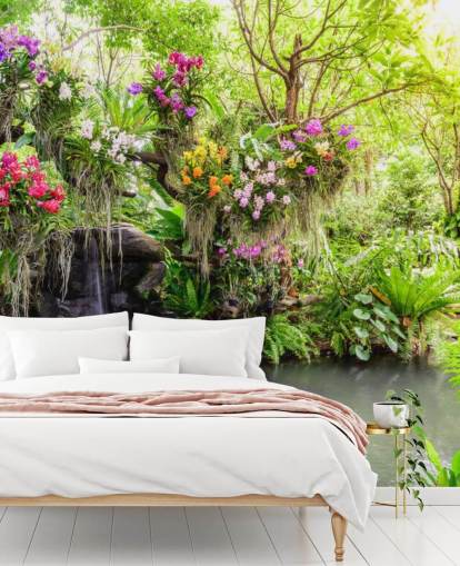 grünes kundenspezifisches Wasserfall-Tapeten-Wandbild namens Orchid Garden Waterfall für Wohnzimmer