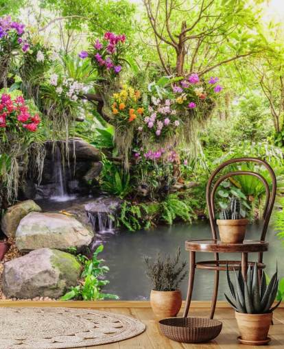 grön anpassad vattenfall tapetväggmålning kallad Orchid Garden Waterfall för vardagsrum