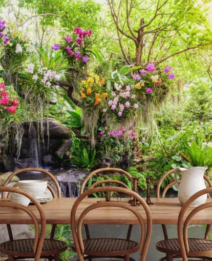 grön anpassad vattenfall tapetväggmålning kallad Orchid Garden Waterfall för vardagsrum