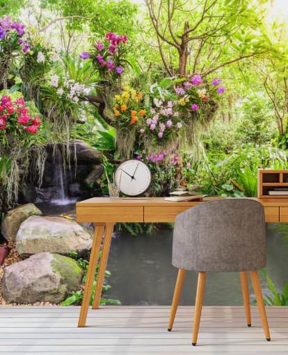 grünes kundenspezifisches Wasserfall-Tapeten-Wandbild namens Orchid Garden Waterfall für Wohnzimmer