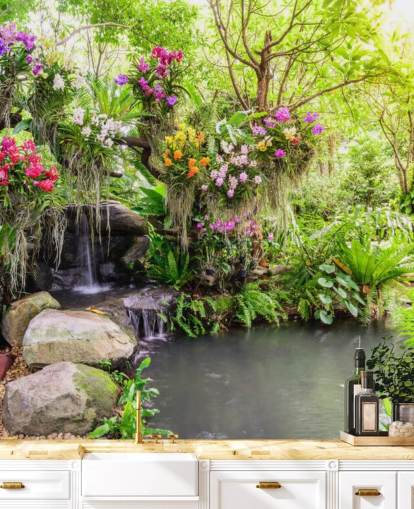 green custom waterfall wallpaper mural called Orchid Garden Waterfall for living rooms