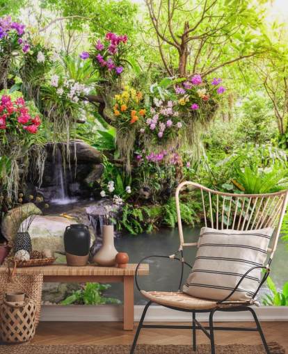 mural de papel pintado de cascada personalizado verde llamado Orchid Garden Waterfall para salas de estar mural de papel pintado de cascada personalizado verde llamado Orchid Garden Waterfall para salas de estar