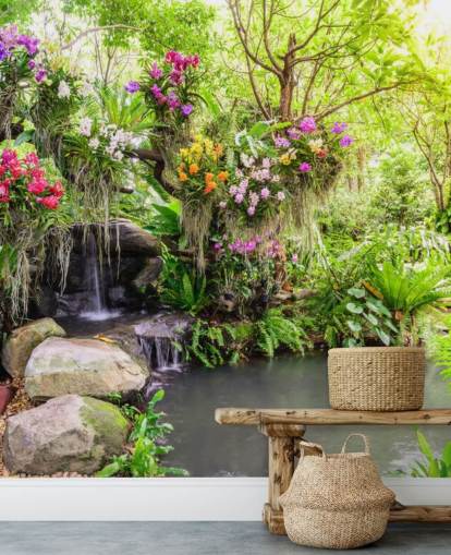 grønt brugerdefineret vandfald tapetmaleri kaldet Orchid Garden Waterfall til stuer grønt brugerdefineret vandfald tapetmaleri kaldet Orchid Garden Waterfall til stuer