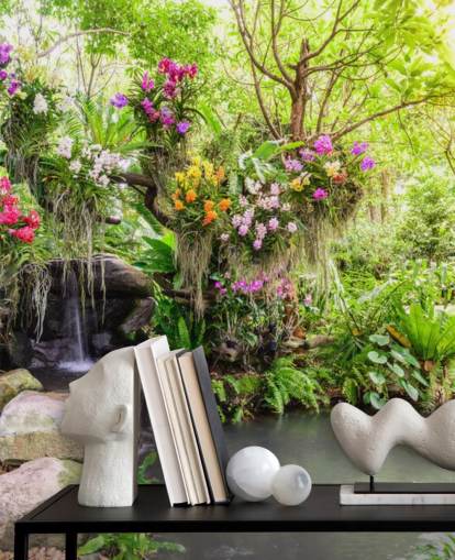 grønt tilpasset foss tapetmaleri kalt Orchid Garden Waterfall for stuer