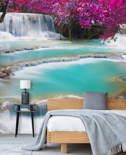 papier peint mural personnalisé turquoise et rose appelé Kuang Si Waterfall pour les chambres, les salles à manger et les espaces de détente
