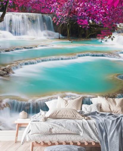 mural de papel pintado personalizado de color turquesa y rosa llamado Kuang Si Waterfall para dormitorios, comedores y espacios de relajación