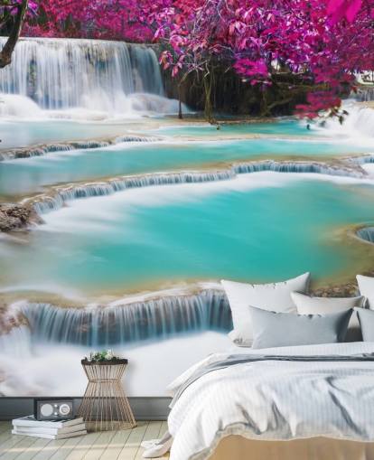 turquoise and pink custom wallpaper mural called Kuang Si Waterfall for bedrooms, dining rooms and relaxation spaces turquoise and pink custom wallpaper mural called Kuang Si Waterfall for bedrooms, dining rooms and relaxation spaces
