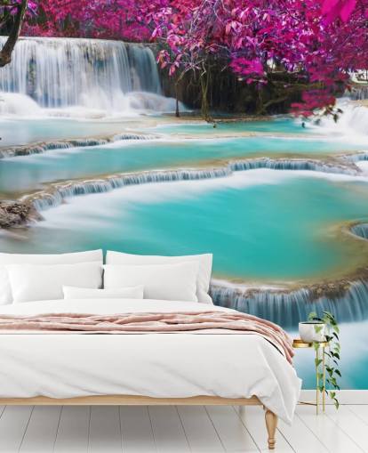 mural de papel pintado personalizado de color turquesa y rosa llamado Kuang Si Waterfall para dormitorios, comedores y espacios de relajación mural de papel pintado personalizado de color turquesa y rosa llamado Kuang Si Waterfall para dormitorios, comedores y espacios de relajación
