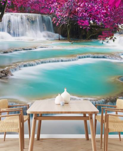 turquoise and pink custom wallpaper mural called Kuang Si Waterfall for bedrooms, dining rooms and relaxation spaces