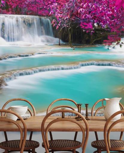 carta da parati murale personalizzata turchese e rosa chiamata Kuang Si Waterfall per camere da letto, sale da pranzo e spazi relax