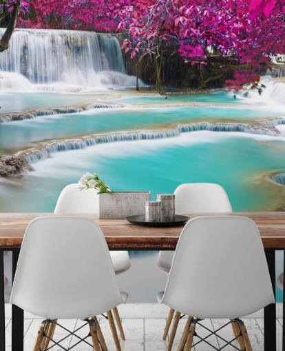 turquoise and pink custom wallpaper mural called Kuang Si Waterfall for bedrooms, dining rooms and relaxation spaces
