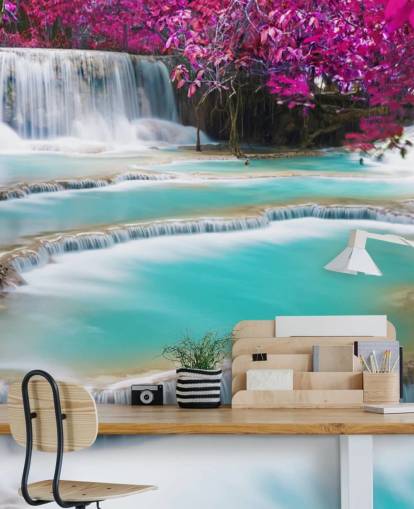 mural de papel de parede personalizado turquesa e rosa chamado Cachoeira Kuang Si para quartos, salas de jantar e espaços de relaxamento mural de papel de parede personalizado turquesa e rosa chamado Cachoeira Kuang Si para quartos, salas de jantar e espaços de relaxamento