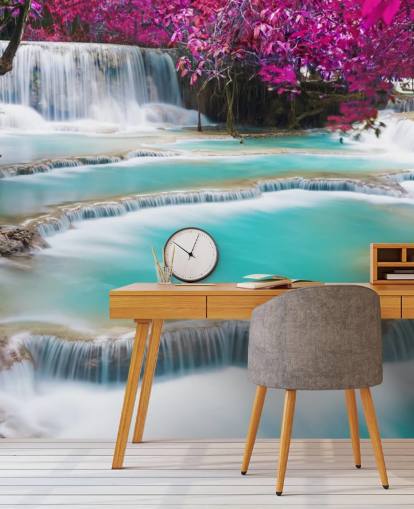 mural de papel pintado personalizado de color turquesa y rosa llamado Kuang Si Waterfall para dormitorios, comedores y espacios de relajación