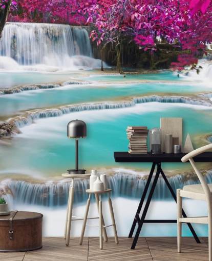 carta da parati murale personalizzata turchese e rosa chiamata Kuang Si Waterfall per camere da letto, sale da pranzo e spazi relax