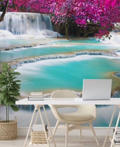 mural de papel pintado personalizado de color turquesa y rosa llamado Kuang Si Waterfall para dormitorios, comedores y espacios de relajación