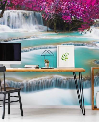 turquoise and pink custom wallpaper mural called Kuang Si Waterfall for bedrooms, dining rooms and relaxation spaces