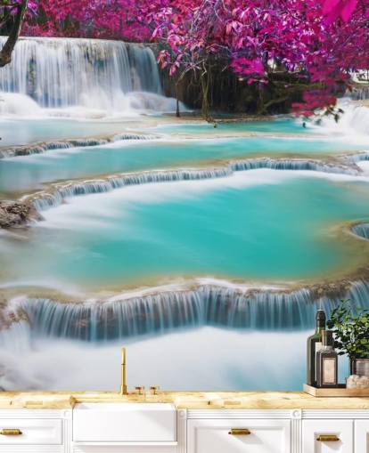 turkoosi ja vaaleanpunainen mukautettu taustakuvamaalaus nimeltä Kuang Si Waterfall makuuhuoneisiin, ruokasaleihin ja rentoutumistiloihin