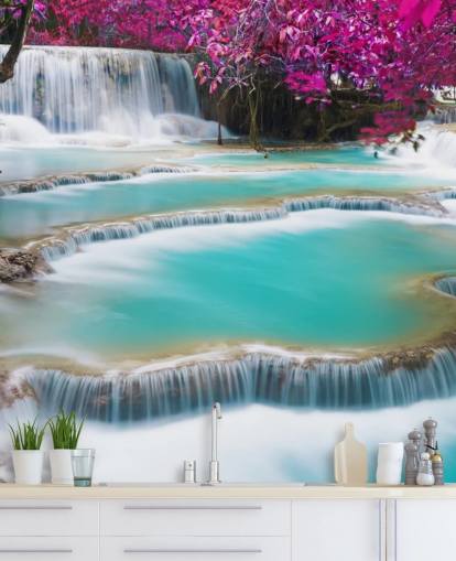 turquoise and pink custom wallpaper mural called Kuang Si Waterfall for bedrooms, dining rooms and relaxation spaces
