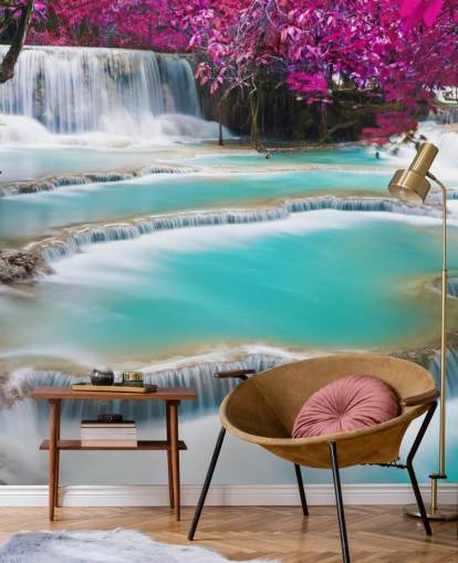 papier peint mural personnalisé turquoise et rose appelé Kuang Si Waterfall pour les chambres, les salles à manger et les espaces de détente