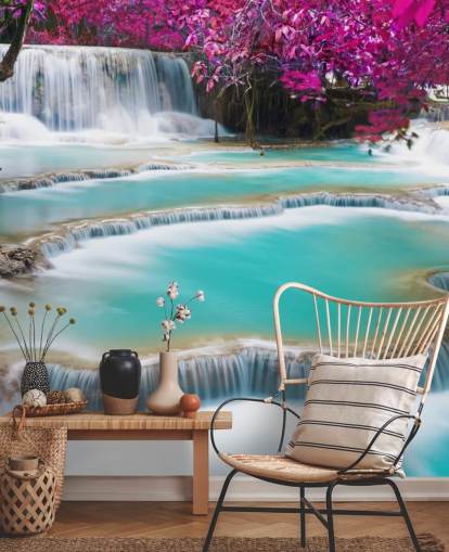 turquoise and pink custom wallpaper mural called Kuang Si Waterfall for bedrooms, dining rooms and relaxation spaces