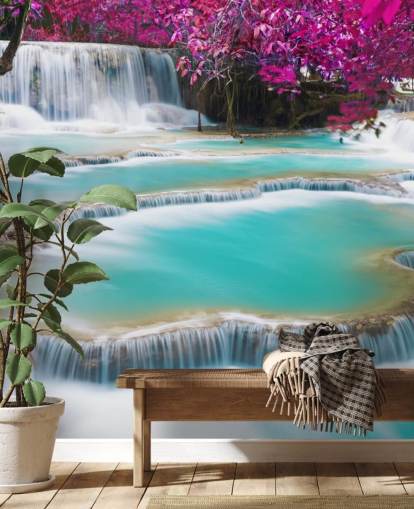 turquoise and pink custom wallpaper mural called Kuang Si Waterfall for bedrooms, dining rooms and relaxation spaces turquoise and pink custom wallpaper mural called Kuang Si Waterfall for bedrooms, dining rooms and relaxation spaces