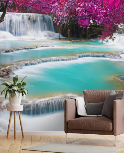 mural de papel pintado personalizado de color turquesa y rosa llamado Kuang Si Waterfall para dormitorios, comedores y espacios de relajación