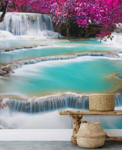 mural de papel de parede personalizado turquesa e rosa chamado Cachoeira Kuang Si para quartos, salas de jantar e espaços de relaxamento