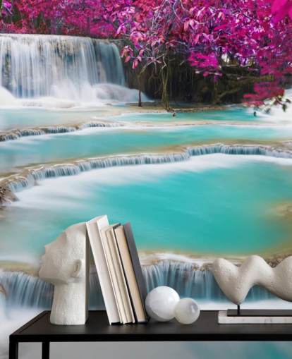 turquoise and pink custom wallpaper mural called Kuang Si Waterfall for bedrooms, dining rooms and relaxation spaces turquoise and pink custom wallpaper mural called Kuang Si Waterfall for bedrooms, dining rooms and relaxation spaces