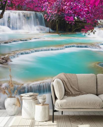 mural de papel pintado personalizado de color turquesa y rosa llamado Kuang Si Waterfall para dormitorios, comedores y espacios de relajación