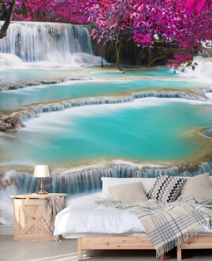 turquoise and pink custom wallpaper mural called Kuang Si Waterfall for bedrooms, dining rooms and relaxation spaces