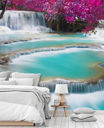 turquoise en roze op maat gemaakte muurschildering genaamd Kuang Si Waterfall voor slaapkamers, eetkamers en ontspanningsruimtes turquoise en roze op maat gemaakte muurschildering genaamd Kuang Si Waterfall voor slaapkamers, eetkamers en ontspanningsruimtes