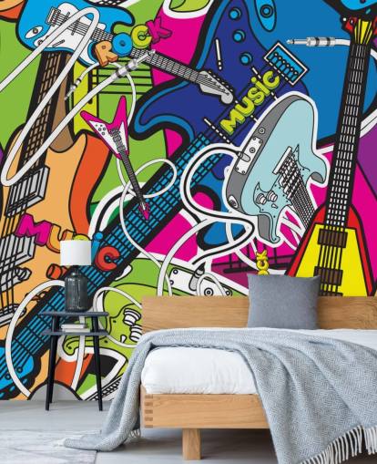 mural de papel pintado de graffiti colorido llamado Colourful Music para escuelas y dormitorios de niños