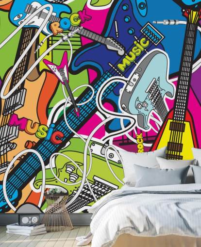 kleurrijke graffitibehangmuurschildering genaamd Colourful Music voor scholen en kinderkamers kleurrijke graffitibehangmuurschildering genaamd Colourful Music voor scholen en kinderkamers