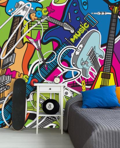 kleurrijke graffitibehangmuurschildering genaamd Colourful Music voor scholen en kinderkamers