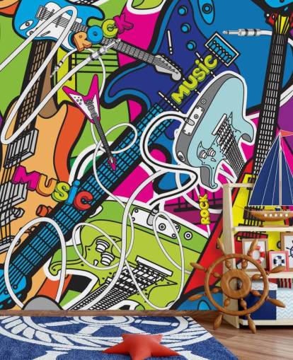 mural de papel de parede de grafite colorido chamado Colorful Music para escolas e quartos infantis