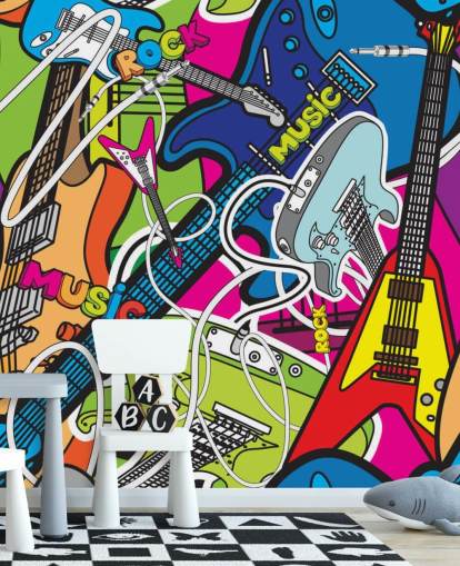mural de papel de parede de grafite colorido chamado Colorful Music para escolas e quartos infantis