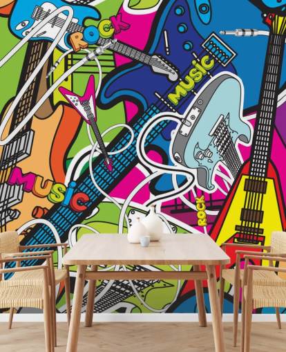 Buntes Graffiti-Tapeten-Wandbild namens Colourful Music für Schulen und Kinderzimmer