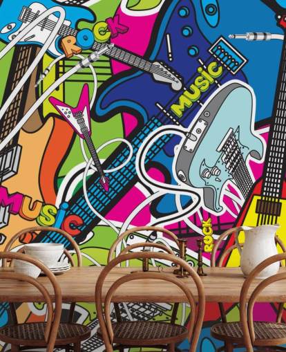 Buntes Graffiti-Tapeten-Wandbild namens Colourful Music für Schulen und Kinderzimmer