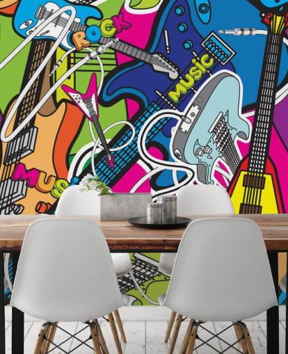 färgglad graffiti tapet väggmålning kallad Färgglad musik för skolor och barns sovrum