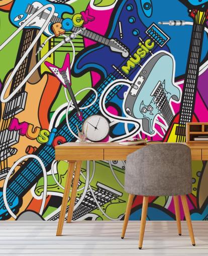 mural de papel pintado de graffiti colorido llamado Colourful Music para escuelas y dormitorios de niños