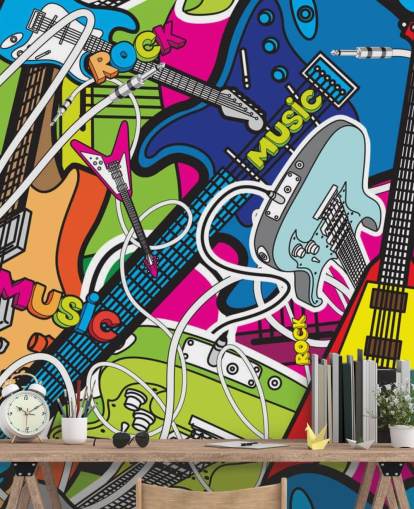 colourful graffiti wallpaper mural called Colourful Music for schools and children's bedrooms
