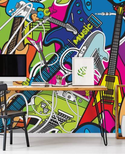 carta da parati murale con graffiti colorati chiamata Colourful Music per scuole e camerette per bambini