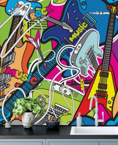 mural de papel pintado de graffiti colorido llamado Colourful Music para escuelas y dormitorios de niños